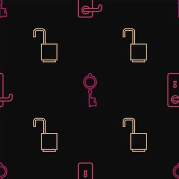 Set line Door handle, Open padlock and Old key on seamless pattern. Vector Stock Illustration