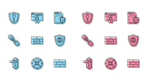 Set line Door handle, Safe, Shield with key, Bricks, Firewall, security wal.. Illustration
