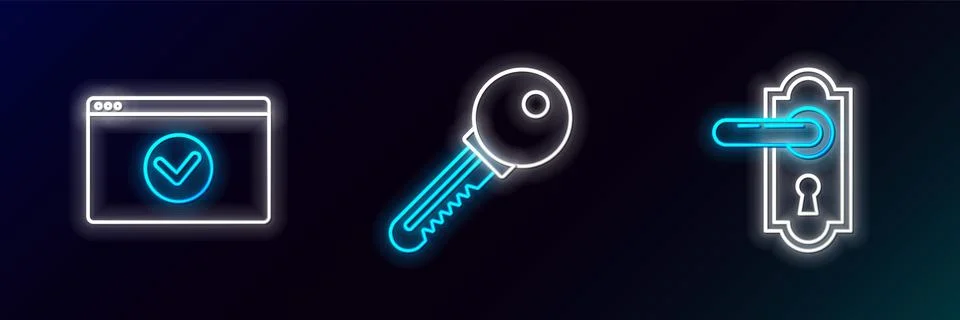 Set line Door handle, Secure your site with HTTPS, SSL and Key icon. Glowin.. 스톡 일러스트