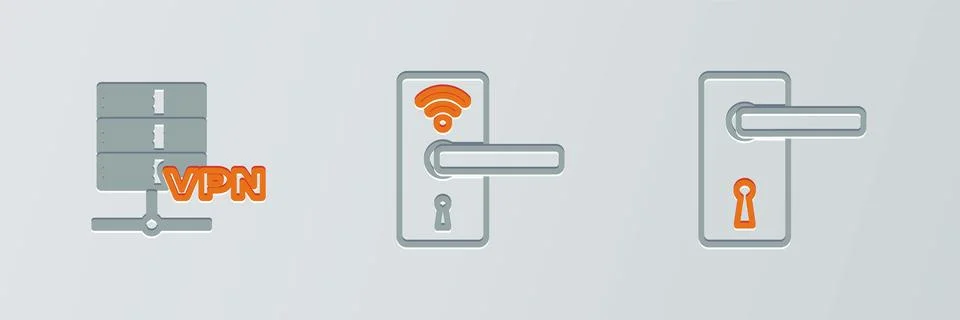 Set line Door handle, Server VPN and Digital door lock with wireless icon 스톡 일러스트