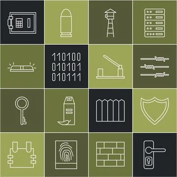 Set line Door handle, Shield, Barbed wire, Watch tower, Binary code, Flasher Stock Illustration