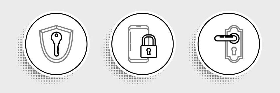 Set line Door handle, Shield with key and Smartphone closed padlock icon. Vector Stock Illustration