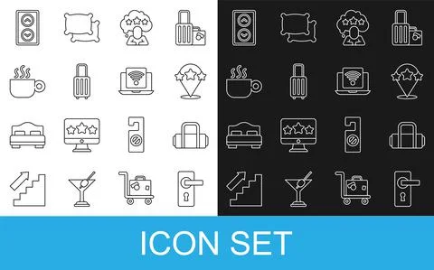 Set line Door handle, Suitcase, Five stars rating review, Coffee cup, Lift and Illustration
