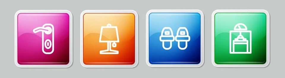 Set line Door handle, Table lamp, Hotel slippers and Lift. Colorful square Ilustração Stock