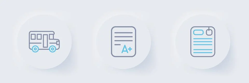 Set line Dossier folder, Exam sheet with A plus grade and School Bus icon. .. Stock Illustration