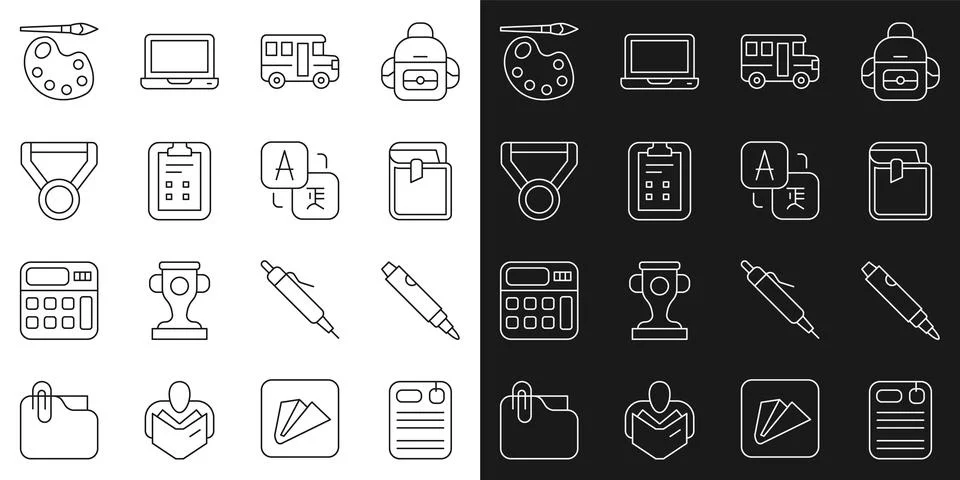 Set line Dossier folder, Marker pen, Book, School Bus, Exam sheet with check Stock Illustration