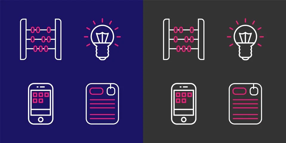 Set line Dossier folder, Smartphone, Light bulb and Abacus icon. Vector Stock Illustration