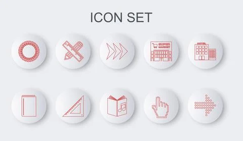 Set line Dots arrow, Book, Arrow, Pixel hand cursor, Laurel wreath, Crossed.. Stock Illustration