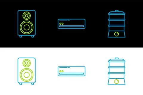 Set line Double boiler, Stereo speaker and Air conditioner icon. Vector Stockillustratie