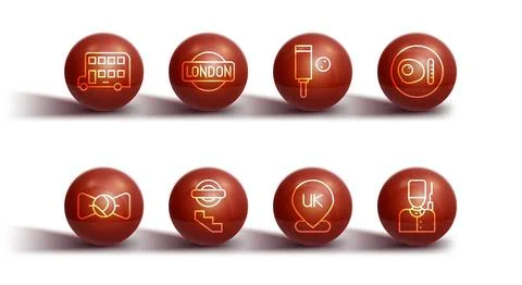 Set line Double decker bus, Bow tie, British breakfast, Location England, Lon Stock Illustration