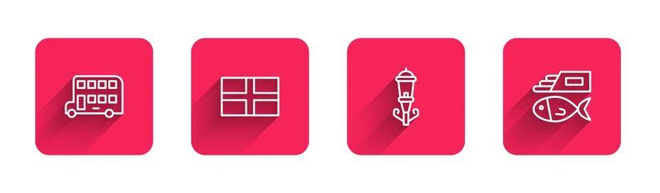 Set line Double decker bus, Flag of England, Vintage street light and Fish chips Stock Illustration
