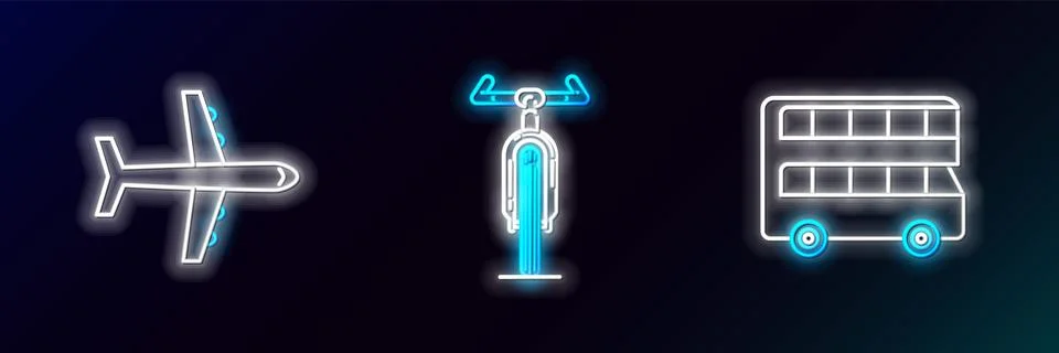 Set line Double decker bus, Plane and Bicycle icon. Glowing neon. Vector Stock Illustration