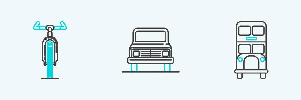 Set line Double decker bus, Bicycle and Car icon. Vector Stock Illustration