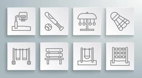 Set line Double swing, Baseball bat with ball, Bench, Swing, Tic tac toe ga.. Illustrazione stock