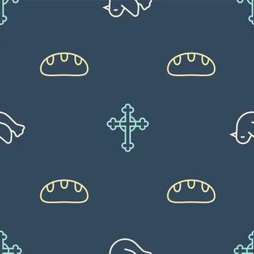 Set line Dove, Bread loaf and Christian cross on seamless pattern. Vector Illustrazione stock