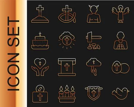 Set line Dove, Easter egg, Hands in praying position, Krampus, heck, Religi.. Stock Illustration