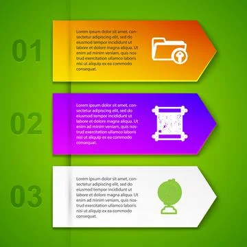 Set line Download arrow with folder, Paper scroll, Earth globe and Umbrella Illustrazione stock