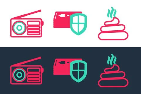 Set line Download arrow with folder, Radio and Power bank icon. Vector Stock Illustration