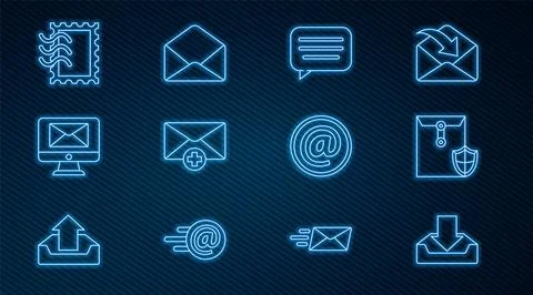 Set line Download inbox, Envelope with shield, Speech bubble chat, Received.. Stock Illustration