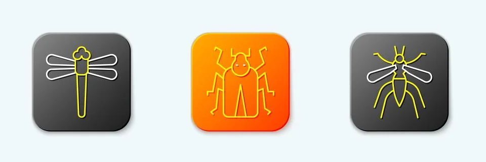 Set line Dragonfly, Beetle bug and Mosquito icon. Vector Stock Illustration
