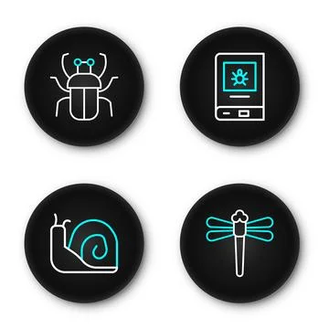 Set line Dragonfly, Snail, Book about insect and Stink bug icon. Vector 스톡 일러스트