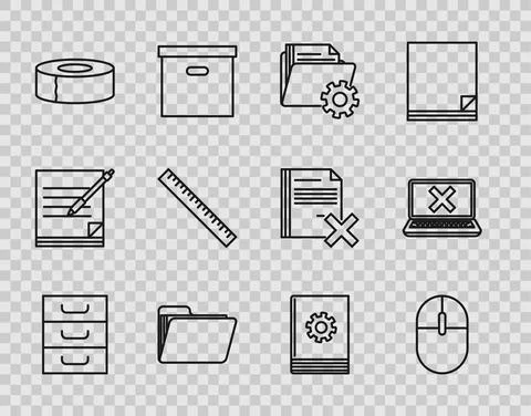 Set line Drawer with documents, Computer mouse, Folder settings gears, Document Stock Illustration