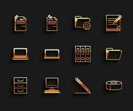 Set line Drawer with documents, Computer monitor keyboard, File and paper clip Stock Illustration