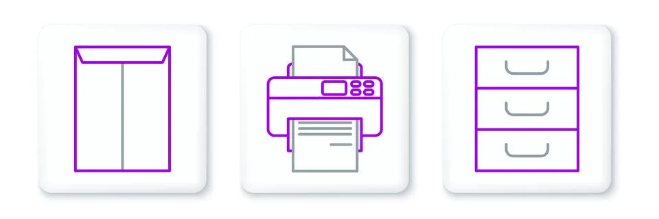 Set line Drawer with documents, Envelope and Printer icon. Vector Stock Illustration