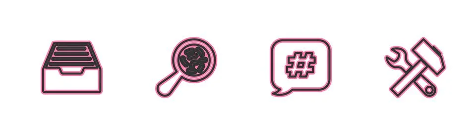 Set line Drawer with documents, Hashtag speech bubble, Microorganisms under イラスト素材