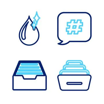 Set line Drawer with documents, Hashtag speech bubble and Clean water drop .. Stock Illustration