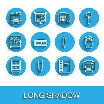 Set line Drawer with documents, Marker pen, Printer, Office folders, Keyboard Illustrazione stock