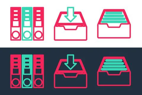Set line Drawer with documents, Office folders and Download inbox icon. Vecto Иллюстрация