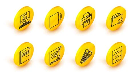Set line Drawer with documents, Paper clip, Blank notebook and pen, File, Delete Stock Illustration