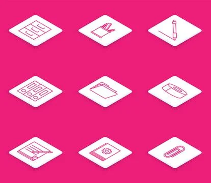 Set line Drawer with documents, Pencil case stationery, line, Office folder.. Stock Illustration