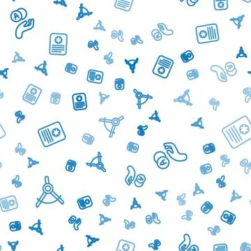 Set line Drawing compass, Atom and Patient record on seamless pattern. Vector Illustrazione stock