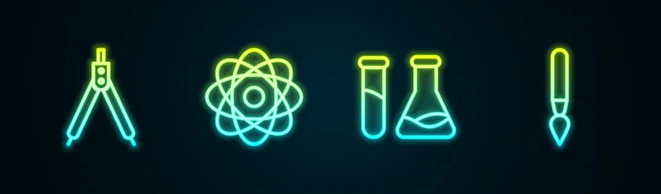 Set line Drawing compass, Atom, Test tube and flask and Paint brush. Glowin.. Stock Illustration