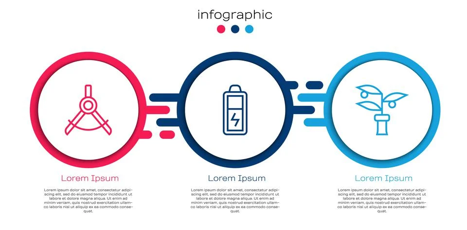 Set line Drawing compass, Battery and Plant breeding. Business infographic Stock Illustration