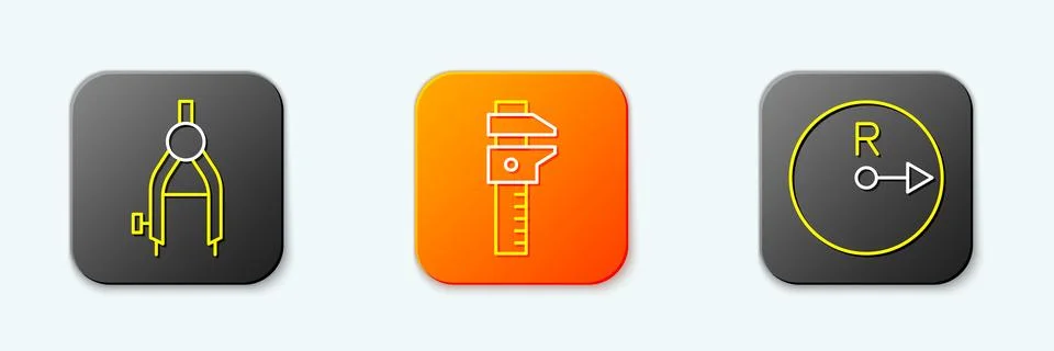 Set line Drawing compass, Calliper or caliper and scale and Radius icon. Vect Illustrazione stock