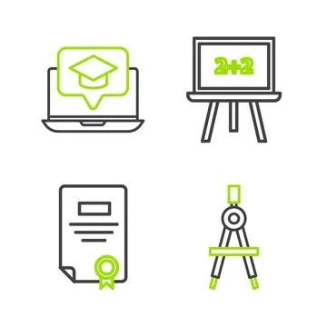 Set line Drawing compass, Certificate template, Chalkboard and Graduation cap on Illustrazione stock