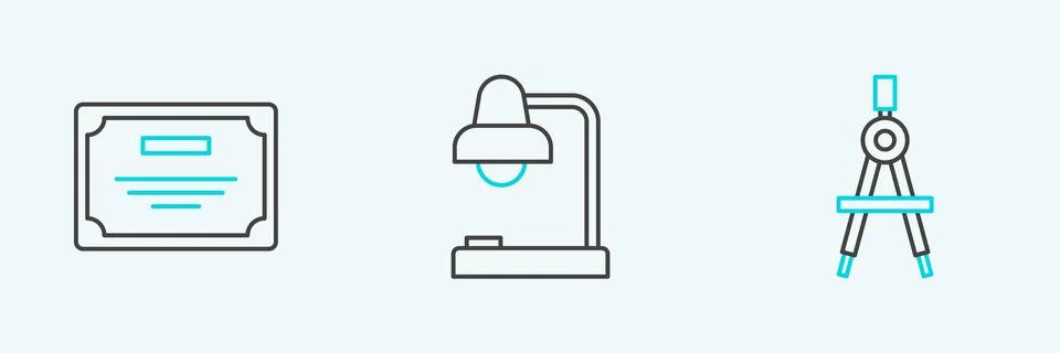 Set line Drawing compass, Certificate template and Table lamp icon. Vector Stock Illustration