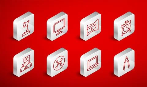 Set line Drawing compass, Computer monitor, Pencil sharpener, Alarm clock Stock Illustration