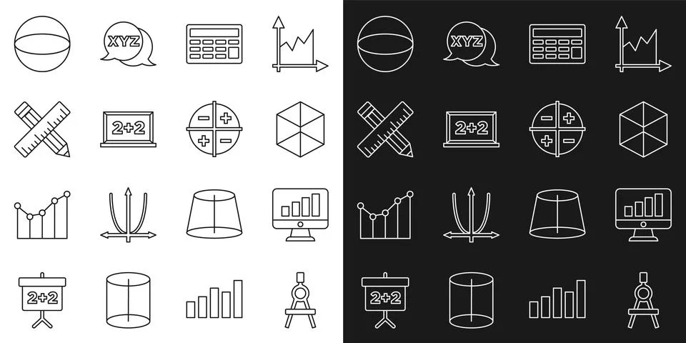 Set line Drawing compass, Computer monitor with graph chart, Geometric figure Stock Illustration