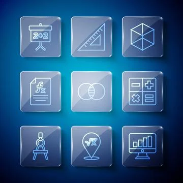 Set line Drawing compass, Computer monitor with graph chart, Geometric figu.. Illustrazione stock