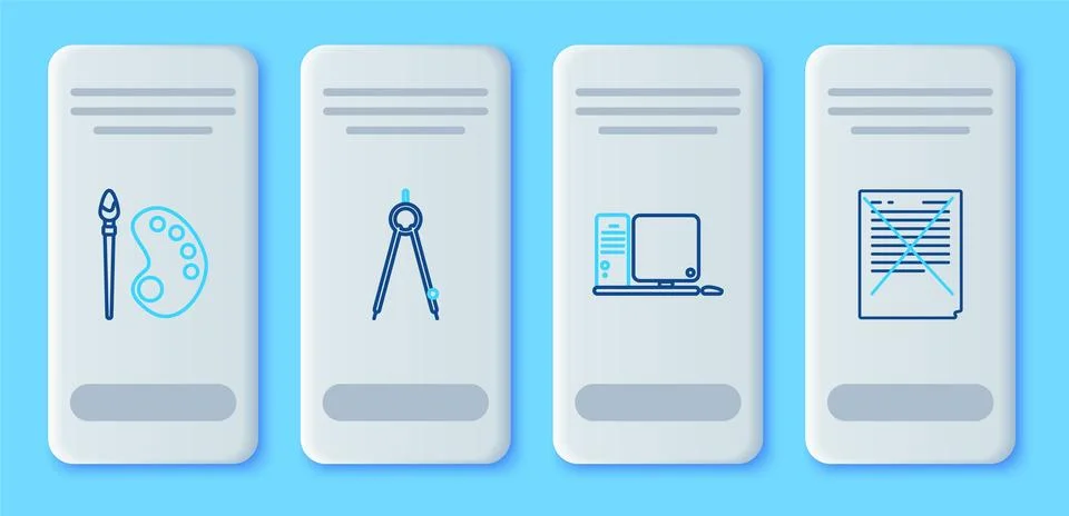 Set line Drawing compass, Computer monitor with keyboard and mouse, Paint b.. Stock Illustration