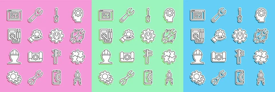 Set line Drawing compass, Gear, Wrench and arrows workflow, Screwdriver, Se.. Stock Illustration