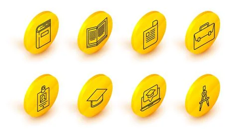 Set line Drawing compass, Graduation cap on screen laptop, Identification bad Stock-Illustration