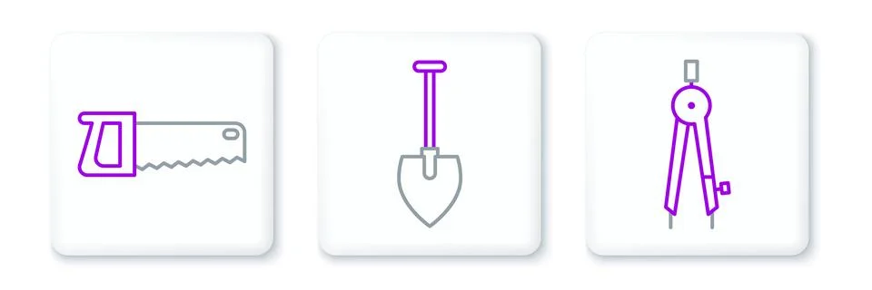 Set line Drawing compass, Hand saw and Shovel icon. Vector Illustration
