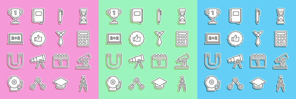 Set line Drawing compass, Microscope, Calculator, Pen, Hand thumb up, Chalkboard Stock Illustration