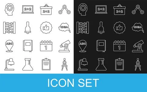 Set line Drawing compass, Microscope, Idea, speech bubble, Chalkboard, Ringing Stock Illustration