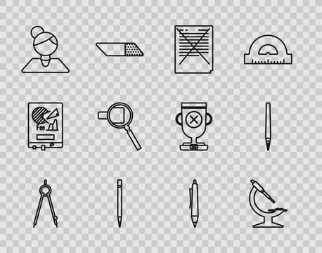 Set line Drawing compass, Microscope, Exam paper with incorrect answers survey 스톡 일러스트